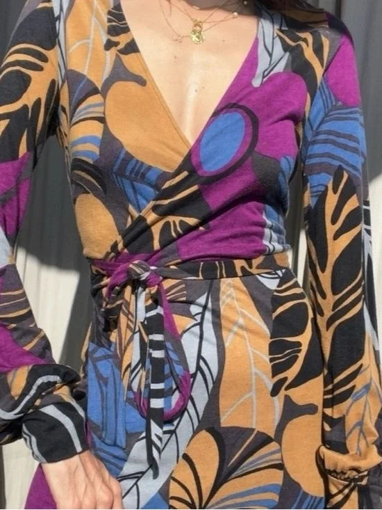 Vintage Missoni Long-Sleeve Floral Wrap Dress in Mustard, Purple & Blue - Picture 4 of 11